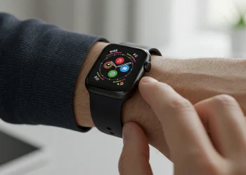 Person glancing at sleek black Apple Watch Series 9 on their wrist, with a modern blurred background.