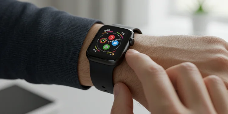 Person glancing at sleek black Apple Watch Series 9 on their wrist, with a modern blurred background.