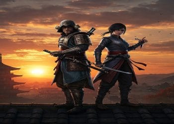 Assassin's Creed Shadows - Yasuke and Naoe, samurai and shinobi, stand together on a rooftop.