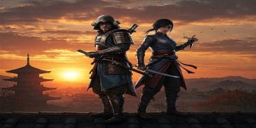 Assassin's Creed Shadows - Yasuke and Naoe, samurai and shinobi, stand together on a rooftop.