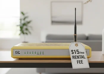 An outdated beige ISP router sits in a modern living room with a prominent '$15/mo RENTAL FEE' price tag tied to its antenna.