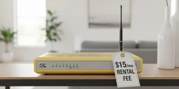 An outdated beige ISP router sits in a modern living room with a prominent '$15/mo RENTAL FEE' price tag tied to its antenna.