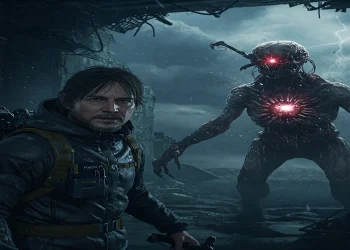 Sam Porter Bridges confronts a menacing red-eyed robot in a desolate, rocky landscape in a scene from Death Stranding 2: On The Beach.