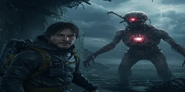 Sam Porter Bridges confronts a menacing red-eyed robot in a desolate, rocky landscape in a scene from Death Stranding 2: On The Beach.