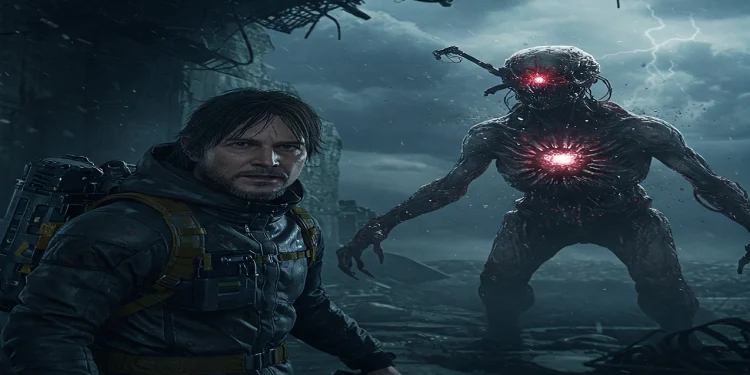 Sam Porter Bridges confronts a menacing red-eyed robot in a desolate, rocky landscape in a scene from Death Stranding 2: On The Beach.