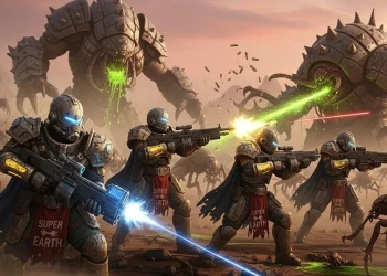 A squad of Helldivers 2 soldiers fights a massive swarm of Terminid bugs on a chaotic alien planet as a huge orbital explosion lights up the sky.