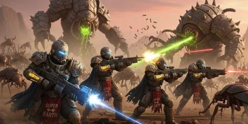 A squad of Helldivers 2 soldiers fights a massive swarm of Terminid bugs on a chaotic alien planet as a huge orbital explosion lights up the sky.