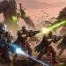 A squad of Helldivers 2 soldiers fights a massive swarm of Terminid bugs on a chaotic alien planet as a huge orbital explosion lights up the sky.