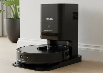 Black Roborock S8 Pro Ultra robot vacuum docked in its RockDock Ultra station, against a light wall in a modern home.