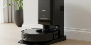 Black Roborock S8 Pro Ultra robot vacuum docked in its RockDock Ultra station, against a light wall in a modern home.