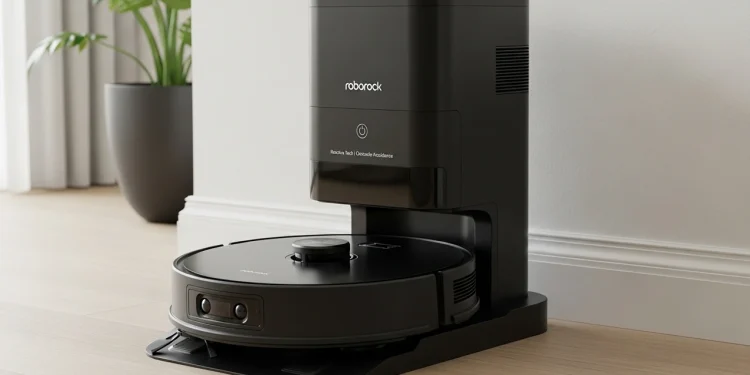 Black Roborock S8 Pro Ultra robot vacuum docked in its RockDock Ultra station, against a light wall in a modern home.