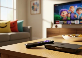 Roku Ultra streaming device on a coffee table representing cord cutting with Roku.