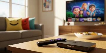 Roku Ultra streaming device on a coffee table representing cord cutting with Roku.