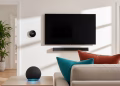 A modern living room with an Amazon Echo smart speaker on an end table and a Google Nest smart thermostat mounted on the wall.