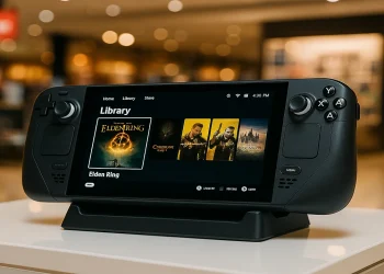 Steam Deck OLED displayed on a retail demo stand in a well-lit department store, screen showing game titles like Elden Ring and Cyberpunk 2077