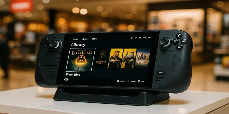 Steam Deck OLED displayed on a retail demo stand in a well-lit department store, screen showing game titles like Elden Ring and Cyberpunk 2077