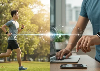 Dynamic image showing person using wearable tech for health and productivity