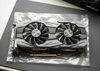 A Gigabyte dual-fan graphics card with a grey and black shroud resting on its protective anti-static bag on a dark desk mat.