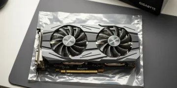 A Gigabyte dual-fan graphics card with a grey and black shroud resting on its protective anti-static bag on a dark desk mat.