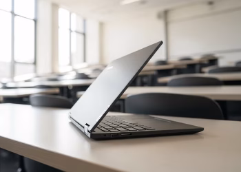Matte black Lenovo X1 Carbon G11 laptop in a sunlit university classroom.