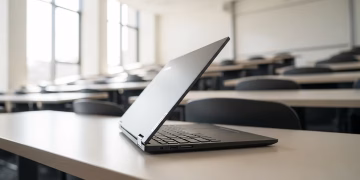 Matte black Lenovo X1 Carbon G11 laptop in a sunlit university classroom.