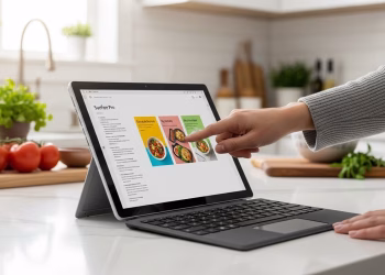 A user touching the screen of a Microsoft Surface Pro in a bright modern kitchen.