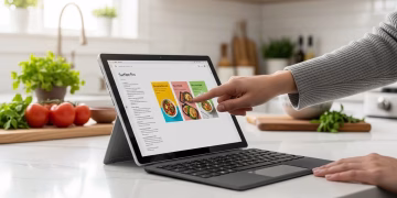 A user touching the screen of a Microsoft Surface Pro in a bright modern kitchen.