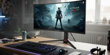 An Alienware curved gaming monitor on a desk displaying the game The Witcher 3 Wild Hunt.