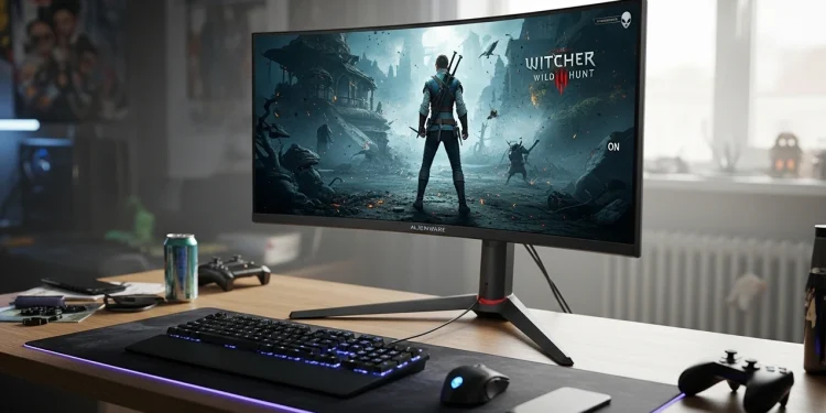 An Alienware curved gaming monitor on a desk displaying the game The Witcher 3 Wild Hunt.