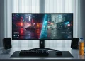 An ultrawide gaming monitor on a clean desk displaying a vibrant, neon-lit city scene.