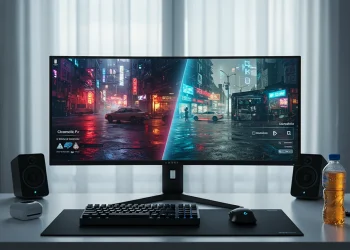 An ultrawide gaming monitor on a clean desk displaying a vibrant, neon-lit city scene.