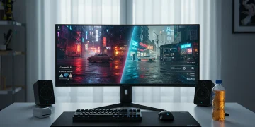 An ultrawide gaming monitor on a clean desk displaying a vibrant, neon-lit city scene.