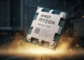 A dramatic close-up of the AMD Ryzen 7 7700X processor unleashing golden energy, representing its elite gaming performance.