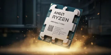 A dramatic close-up of the AMD Ryzen 7 7700X processor unleashing golden energy, representing its elite gaming performance.