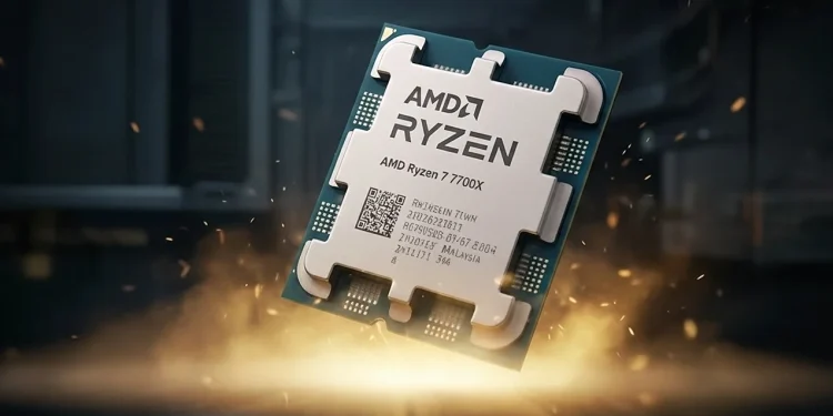 A dramatic close-up of the AMD Ryzen 7 7700X processor unleashing golden energy, representing its elite gaming performance.