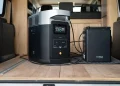The EcoFlow DELTA 2 connected to a DELTA 2 Extra Battery, set up in the back of a camper van.