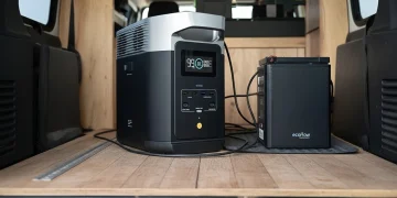 The EcoFlow DELTA 2 connected to a DELTA 2 Extra Battery, set up in the back of a camper van.