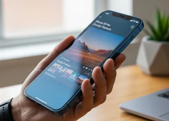 A close-up of a renewed iPhone 15 Pro in Blue Titanium, showcasing its premium titanium design and bright screen.