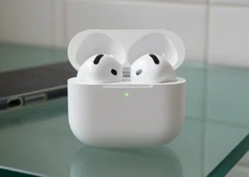 AirPods 4 hardware data showing the open charging case on a glass countertop without silicone tips.