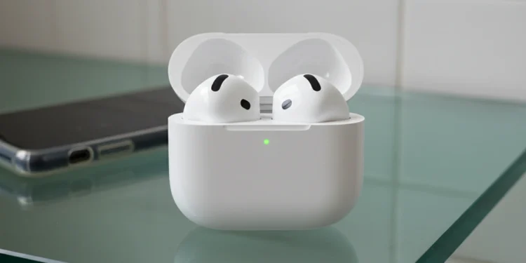 AirPods 4 hardware data showing the open charging case on a glass countertop without silicone tips.