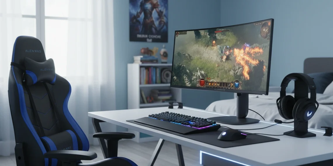 21:9 Alienware AW3425DWM curved monitor in sunlit gaming setup.