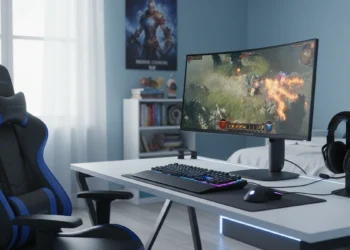 21:9 Alienware AW3425DWM curved monitor in sunlit gaming setup.