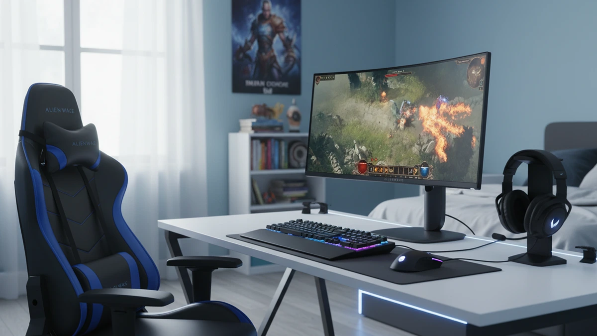 21:9 Alienware AW3425DWM curved monitor in sunlit gaming setup.
