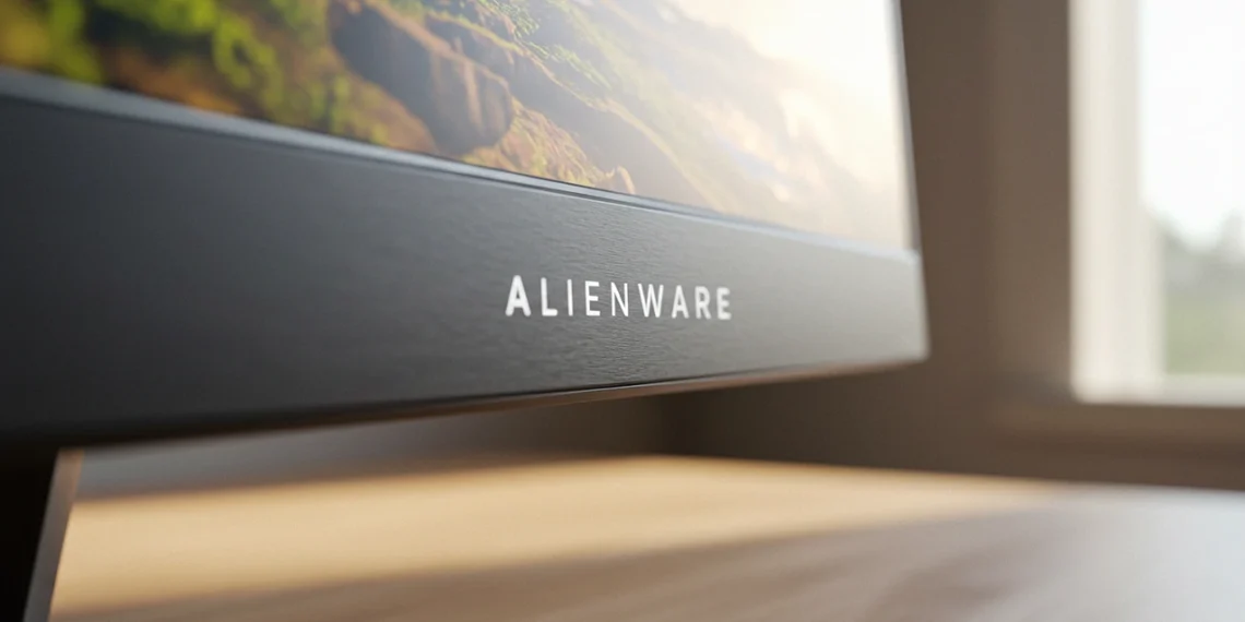 A close-up of the Alienware logo on the bottom bezel of a gaming monitor.