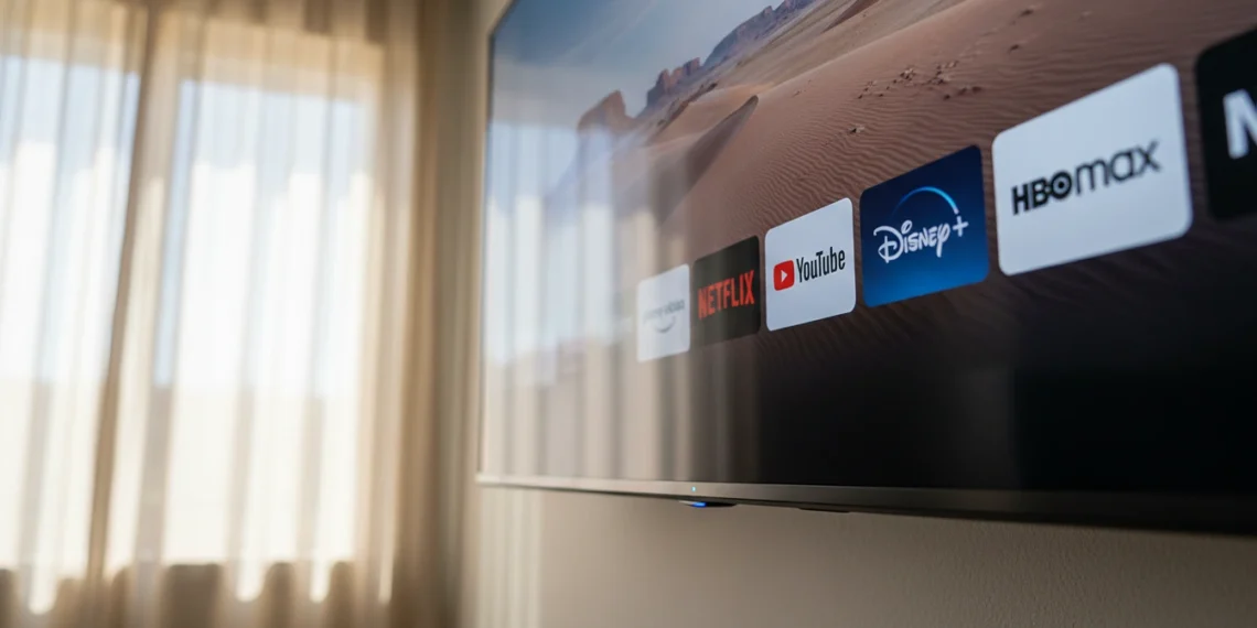 Close-up of the bright circular blue LED light on the bottom bezel of a wall-mounted Amazon Fire TV Omni indicating active microphones.