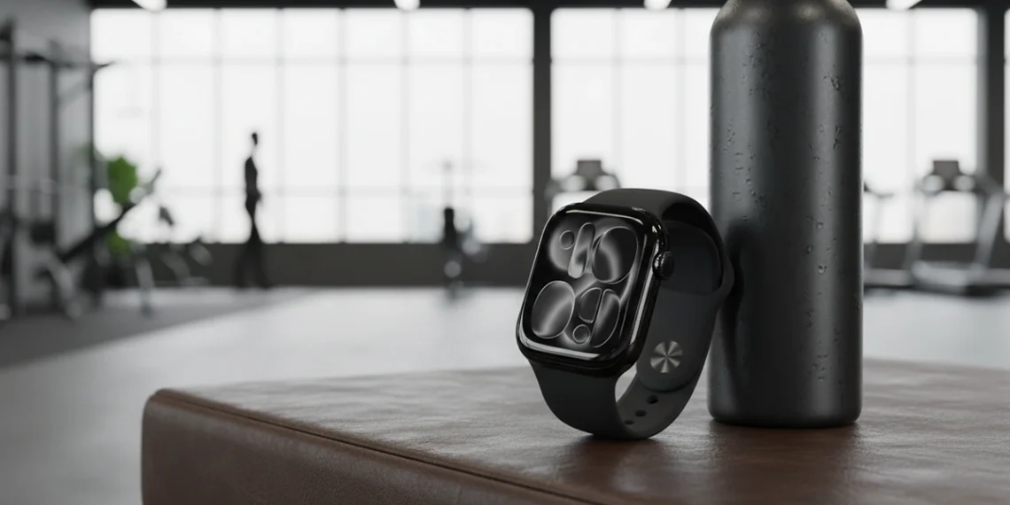 Jet Black Apple Watch Series 11 leaning against a black water bottle on a leather gym bench.