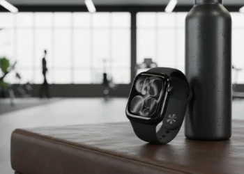 Jet Black Apple Watch Series 11 leaning against a black water bottle on a leather gym bench.