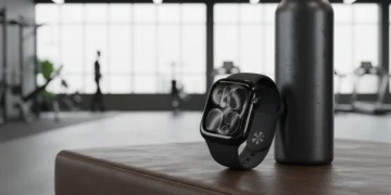 Jet Black Apple Watch Series 11 leaning against a black water bottle on a leather gym bench.
