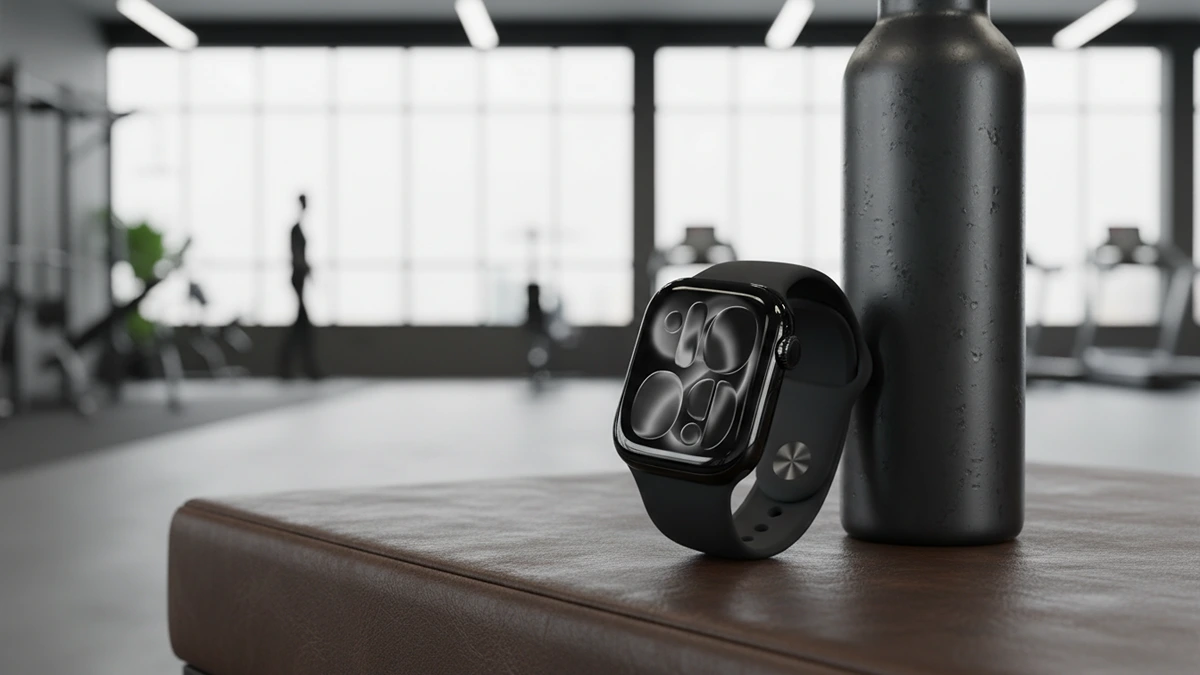 Jet Black Apple Watch Series 11 leaning against a black water bottle on a leather gym bench.