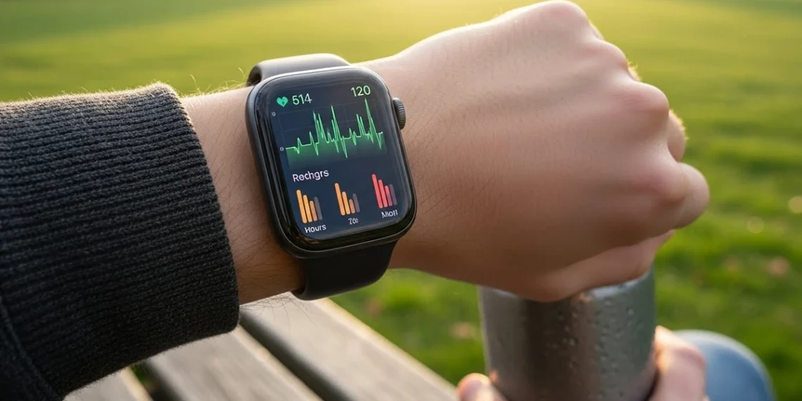 POV showing health graphs on black Apple Watch Series 11.